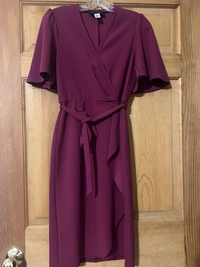 Donna Morgan Burgundy Wrap Midi Dress with Tie Waist